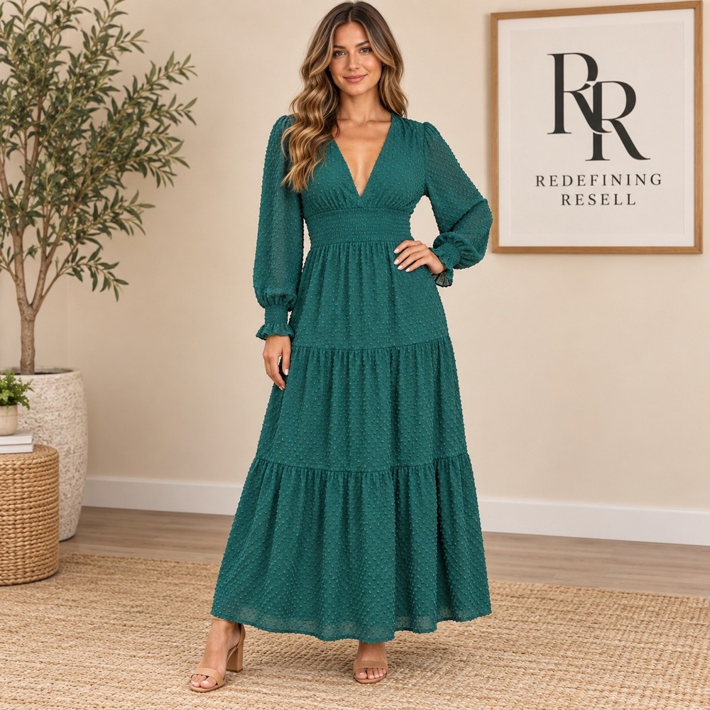 Ryegrass Hunter Green Clip Dot Smocked Tiered Maxi Dress Small VNeck Long Sleeve